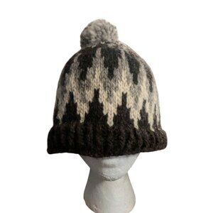 Wool Hand Knit Beanie Hat Cap Unisex Large Pom Pom Winter Snow Ski Boho